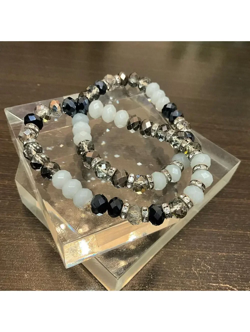 Beaded Bracelet Set Black White & Metallic stretch bracelets